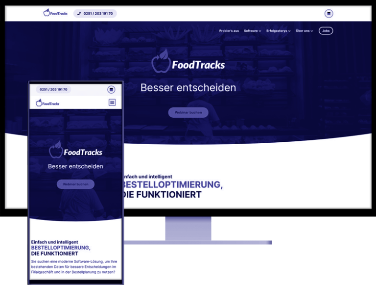 WordPress-Webdesign für Foodtracks: Abbildung der Custom WordPress-Website auf Desktop und Smartphone