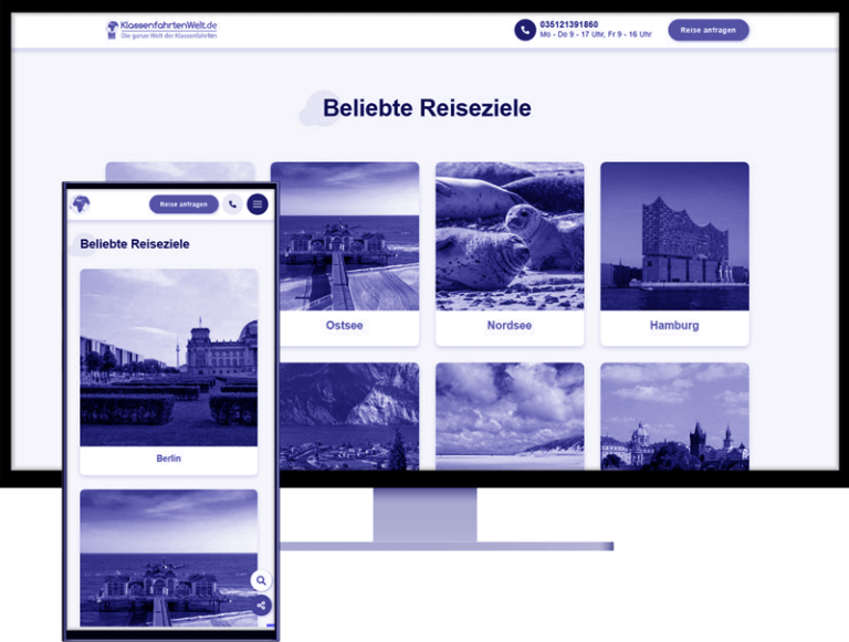Referenz - WordPress Agentur Baden-Baden für Klassenfahrten-Welt: Abbildung eines responsiven WordPress-Webdesign auf Desktop und Smartphone