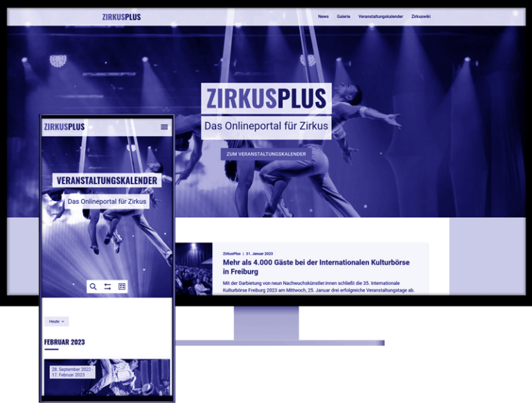 WordPress-Webdesign für Zirkusplus Karlsruhe: Abbildung der Custom WordPress-Website auf Desktop und Smartphone