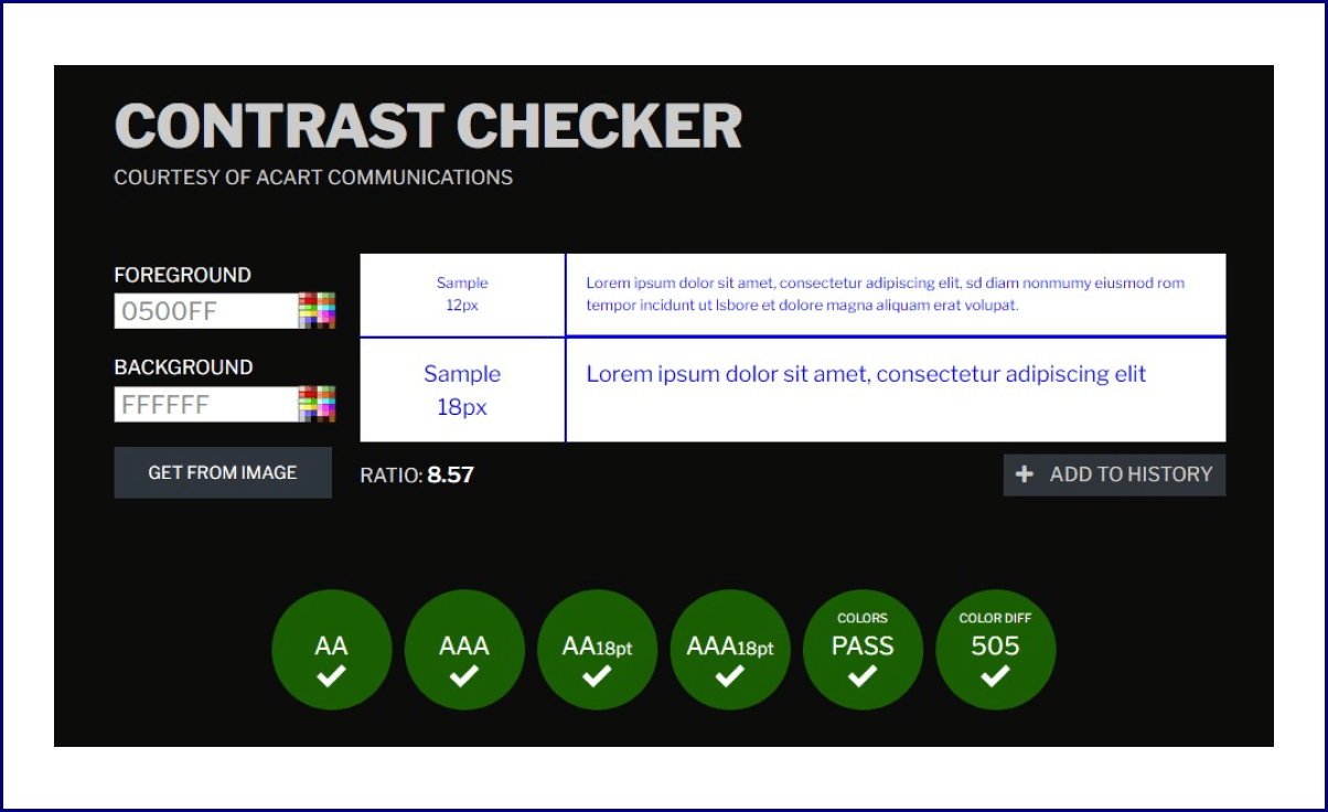 Screenshot von Tool zur Kontrastanalyse von Webfarben für barrierefreie Nutzung